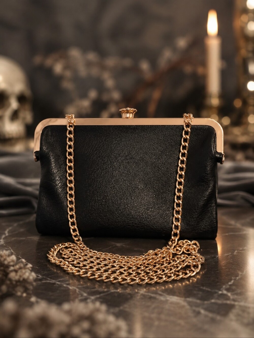 LC Lauren Conrad Black Frame Clutch Crossbody Gold Chain Evening Bag